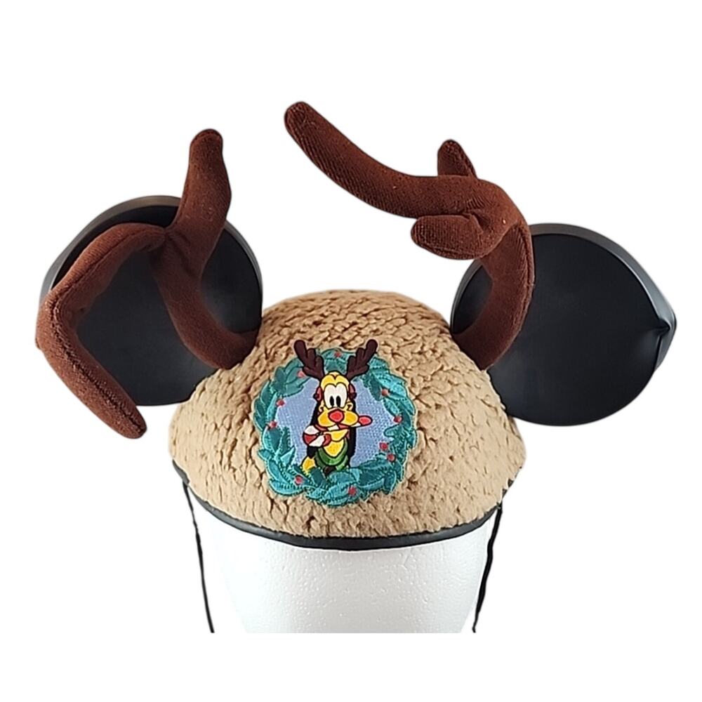 Disney Parks Pluto Reindeer Mickey Ear Hat Brown Fleece Christmas Holiday Antler